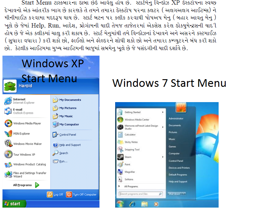 Introduction to Start Menu in Windows XP and Windows 7 (Article in Gujarati)